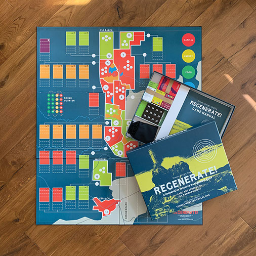 Regenerate! is a collaborative resource management game in which players navigate regenerative land stewardship, sustainable development, and systems design thinking.