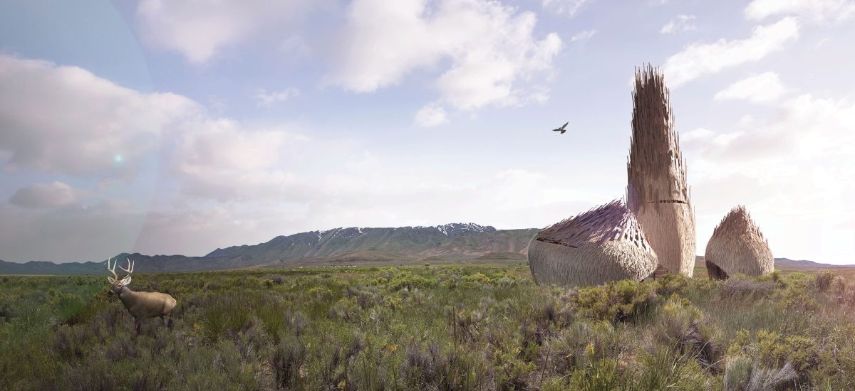 Lodgers by Zhicheng Xu and Mengqi Moon He is a top submission to LAGI 2020 Fly Ranch. The artwork brings together composting toilets, reclaimed timber waste, traditional thatching methods using local materials, computational script-generated parametric design, and native species shelters to provide an environmental education venue, soil replenishment, sustainable waste management, and habitat enrichment for Fly Ranch