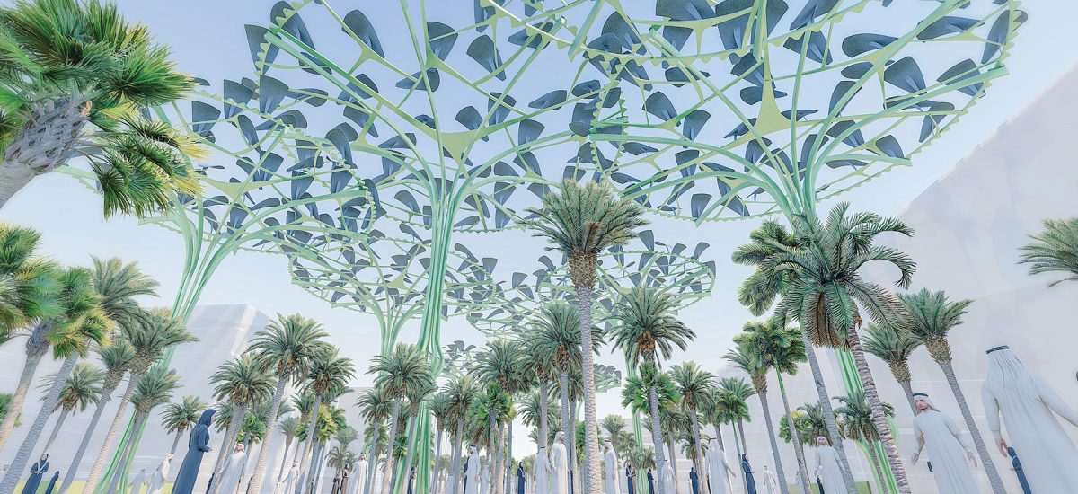 Giant wheels turn slowly in the sky, moved by the energy of the wind, which flows through the upper reaches of the park. Leaf-like flexible photovoltaic panels crown the giant wheels, tracing shapes of light and shadow upon the ground that interweave with the more static shadows of the plant life below.