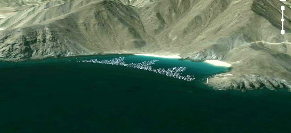 Khorfakkan Necklace Designed in 2009 by Elizabeth Monoian & Robert Ferry as a precedent idea to inspire participating design teams as they began the process of responding to the LAGI 2010 design brief, the very first open call ideas competition for large-scale works of public art that also serve as energy-generation infrastructure for cities. Seven years later, teams participating in the LAGI 2016 competition for Santa Monica were able to take the idea of using point absorber wave energy buoys as media art installation to another level! Bird's eye view.