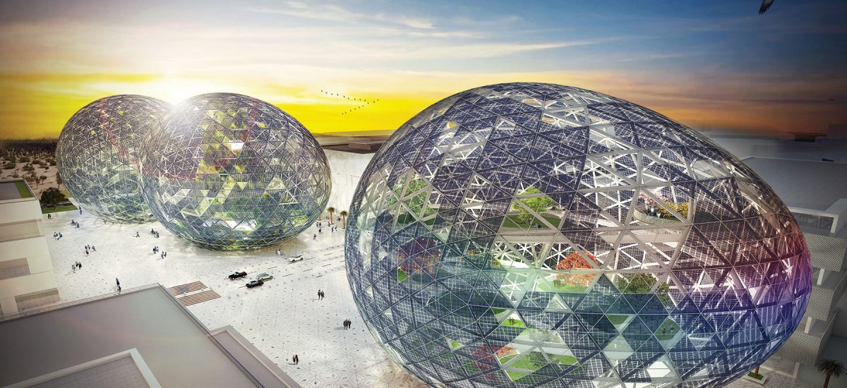 High performance bifacial photovoltaic modules form the eggs’ shells, collecting sunlight from all angles and generating enough energy to cool more than two thousand Masdar homes.