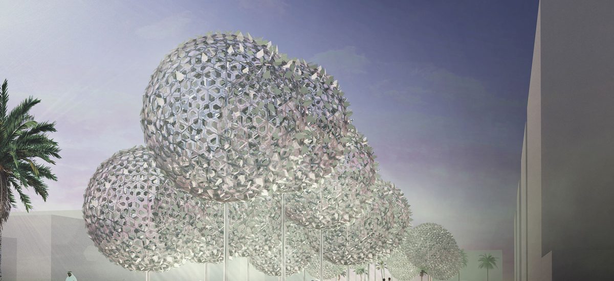 Renewable Oasis is a forest of spherical canopies that harvest solar and wind energy. The park provides shaded spaces for Masdar City residents and visitors to rest, meet, and discover the beauty of renewable energy and its importance for sustaining human life on earth.