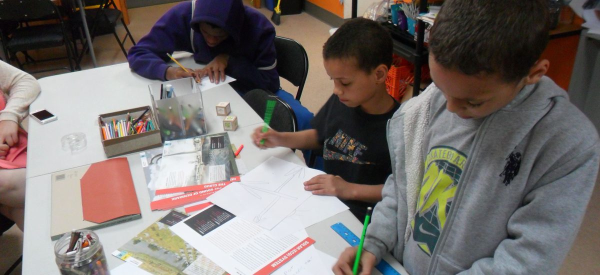 sam_3437 A LAGI workshop with middle school students utilizing the Art+Energy Flash Cards. In this photo we see students drawing around a table with LAGI flash cards visible.