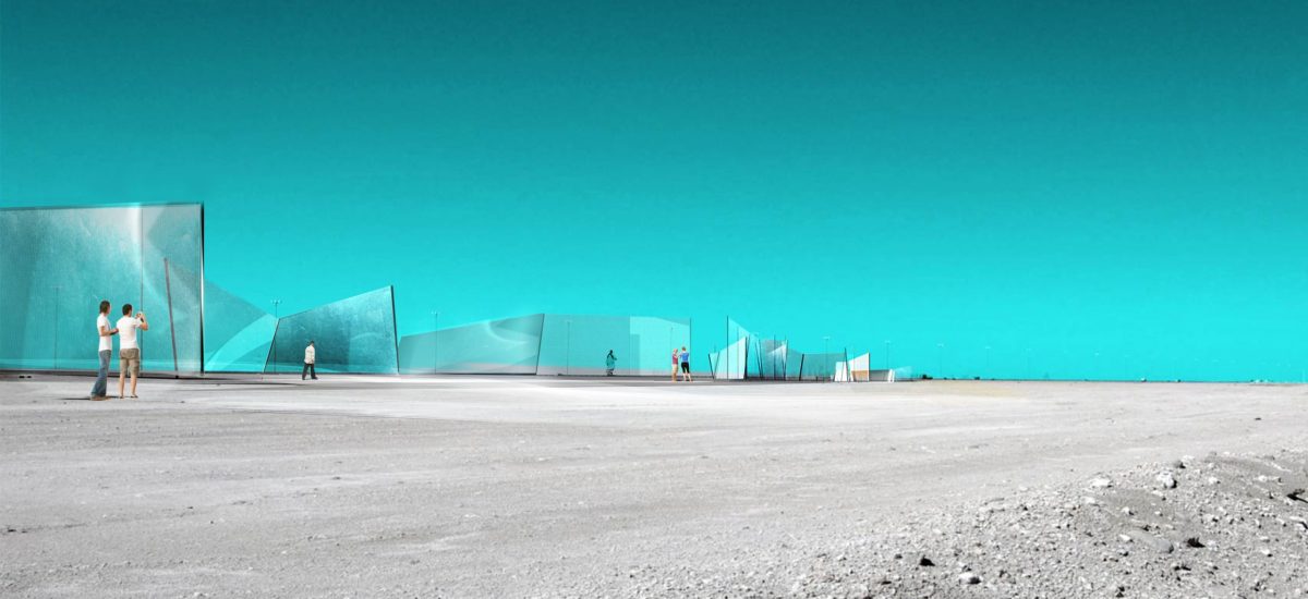 s:flow s:flow by Joanna Wlaszyn, Qian Xu, and David Verrier. Designed for Site #2 in Abu Dhabi, between Saadiyat Island and Yas Island, the artwork incorporates Sphelar solar photovoltaic technology embedded in glass planes that create a unique experience in the desert environment.