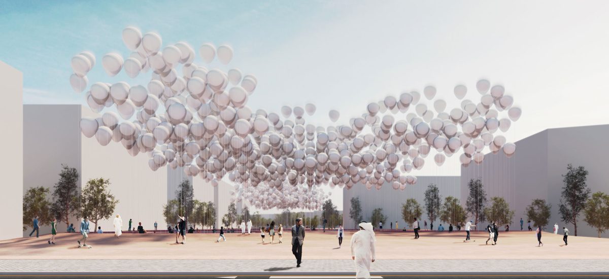 The artwork consists of 1,500 “solar balloons” gathered as a representation of society coming together for a cause larger than any individual. The sculpture hangs in the air, like a living creature vibrating to the circadian rhythm of life, providing dynamic shade underneath.