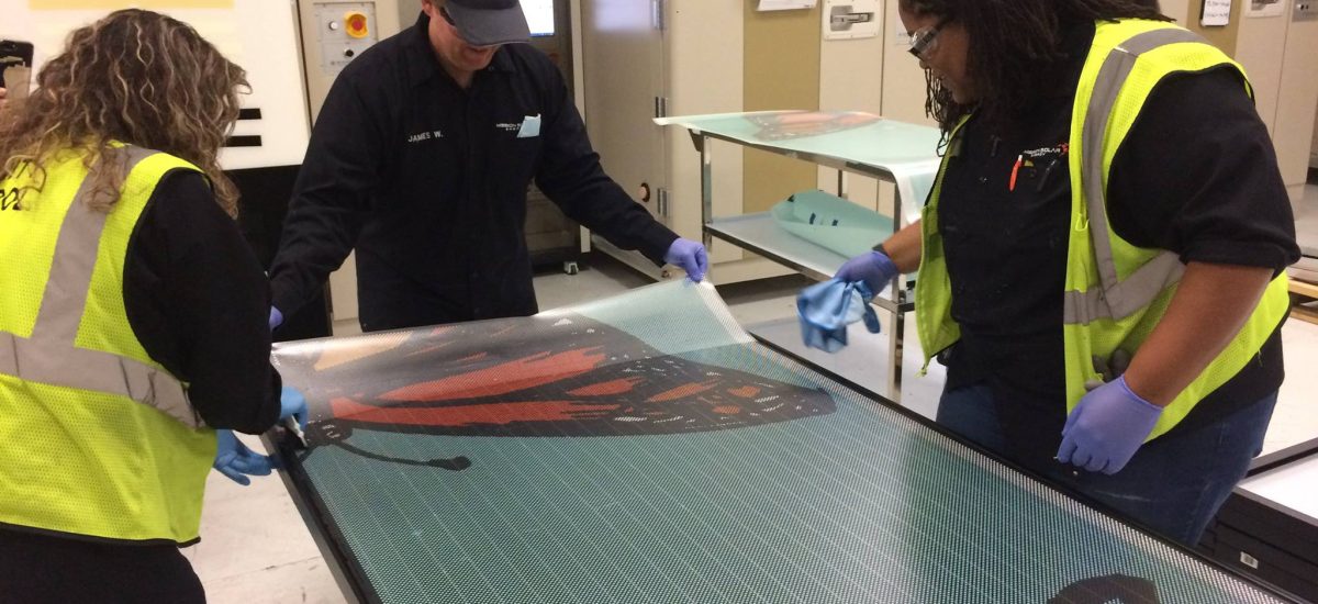 solarmural1 The first Land Art Generator Solar Mural ® Artwork — La Monarca — being fabricated in partnership with Mission Solar Energy, OCI Solar Power, EPIcenter New Energy Innovation Center, Land Heritage Institute, Sun Action Trackers, LLC, and Local Initiatives Support Corporation. Photo by OCI Solar Power, November 2017