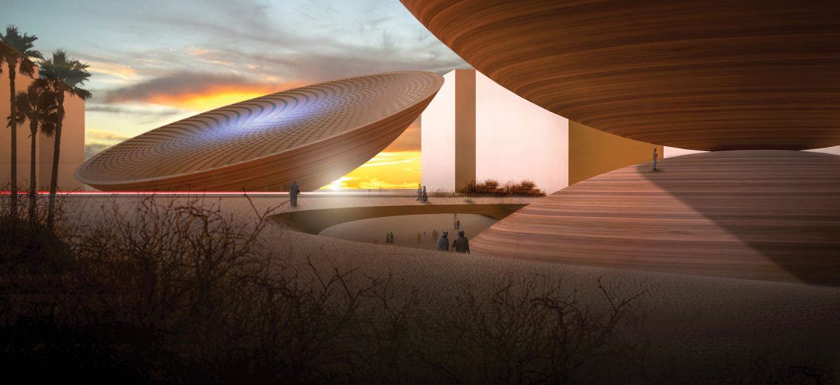 On the sunrise side is a sculpture dedicated to water desalination using direct solar thermal energy. The desalinated water is used for site irrigation and to provide a cooling mist throughout the portal.