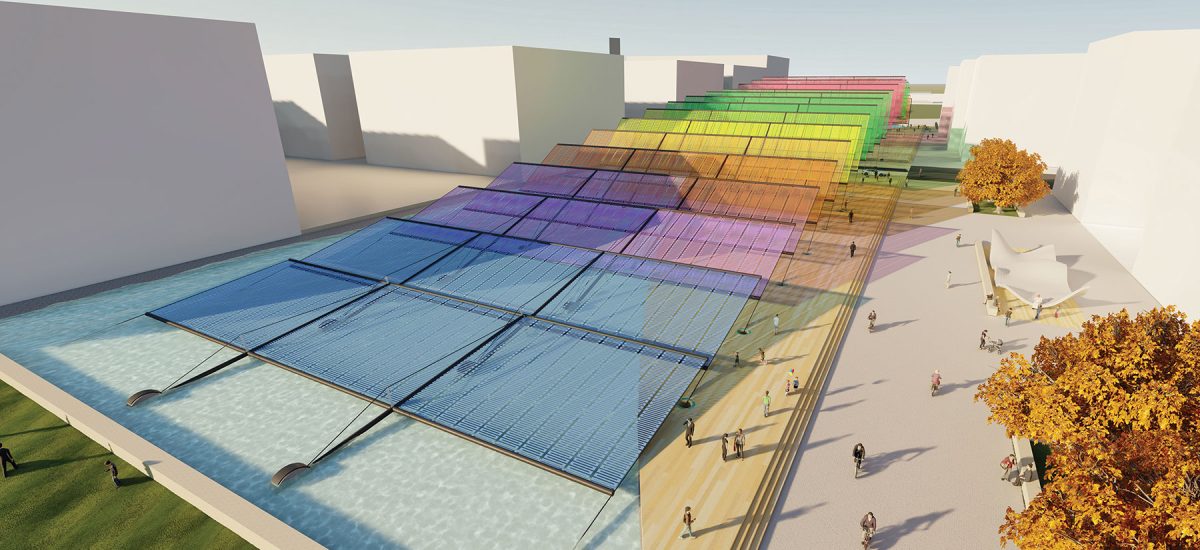 Source Re:Source responds to the wind energy resources that flow through the park by dividing the site into thin, rectangular planes. The planes generate solar energy using dye-sensitized solar cells of multiple vibrant colors. As the wind blows more strongly over these planes, it pushes them down in a kind of domino effect to store additional energy.