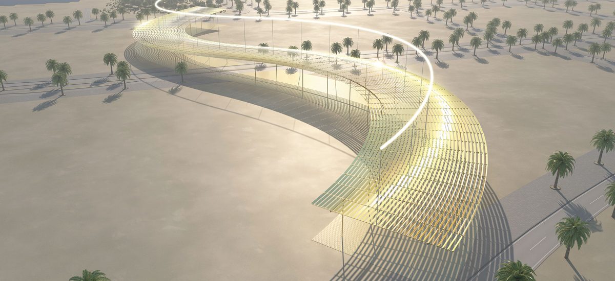 Spark is a canopy of sensors that move according to the sun— mirroring, reflecting, and concentrating its rays—to trace a sinuous line of light across the sky. Technological innovation merges with the tradition and culture of the UAE in a new park for Masdar City. Comfort can be found in the shade of this modern mashrabiya, a digitally controlled artwork of mirrors that generates solar power.