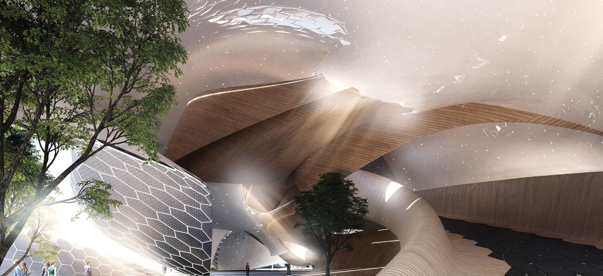 Hexagonal solar modules clad the artwork’s curvilinear structural frame, which rises from ground level on both ends of the site and glides gracefully over the street on a recycled wood bridge. The element of wood evokes a visceral feeling of nature to reinforce the value of recycling and using rapidly renewable natural resources.