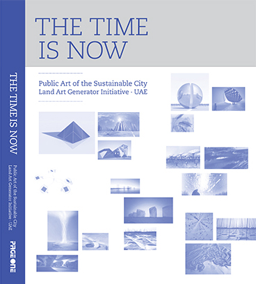 The Time is Now: Public Art of the Sustainable City. Book cover with thumbnails of projects in a blue greyscale.