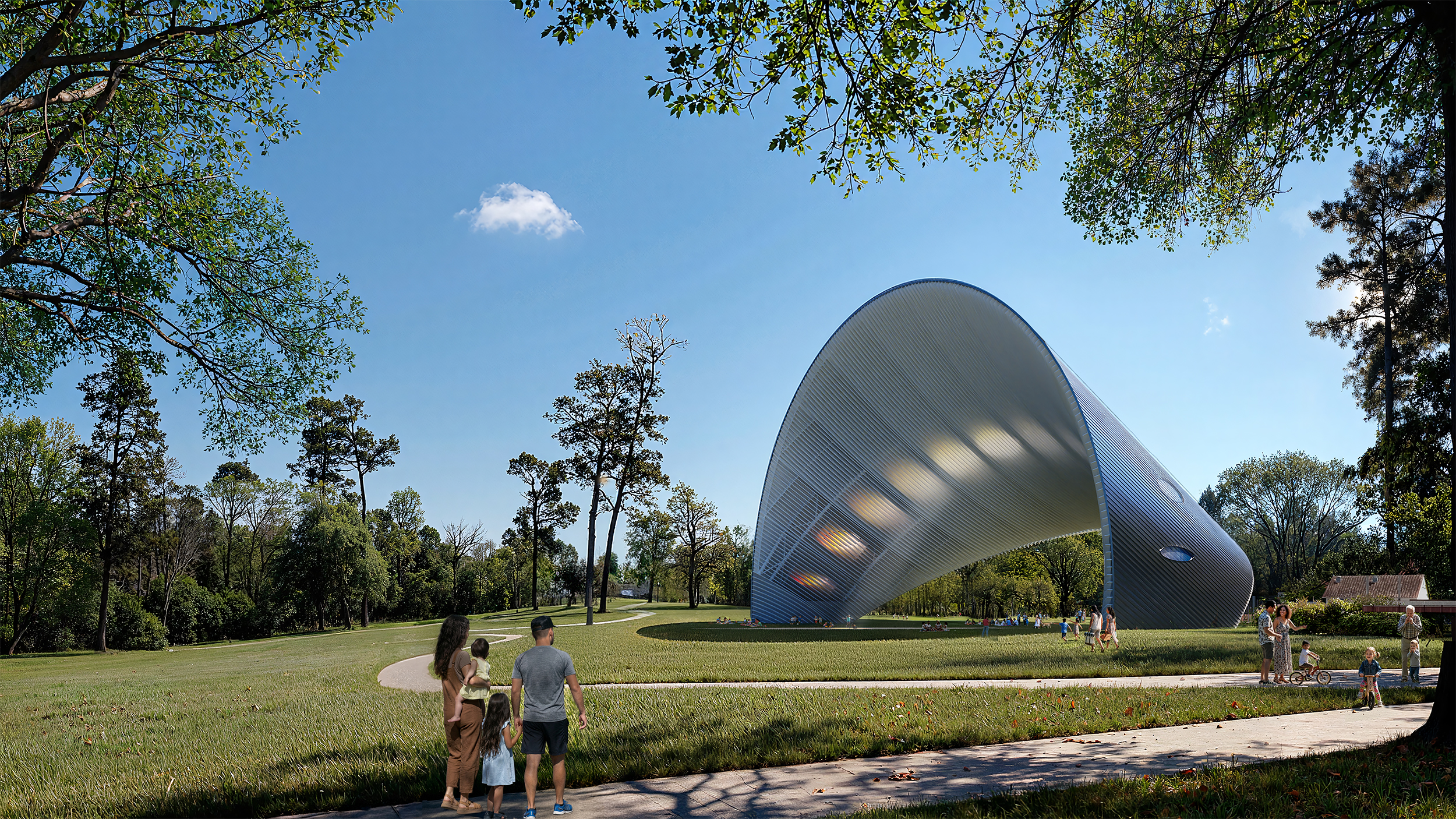 Arch of Time at Mason Park incorporates solar photovoltaic modules to generate 400,000 kWh per year, offsetting the electricity demand of the surrounding city. 